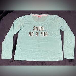 Mint Green Long Sleeve Shirt with Snug As A Pug Print
